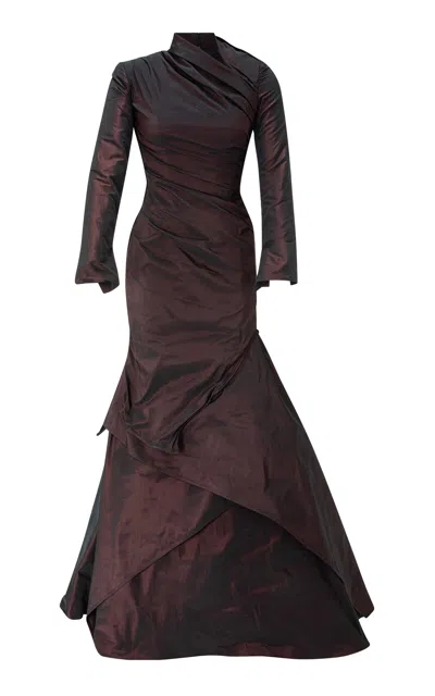 Marmar Halim High-neck Draped Taffeta Gown In Burgundy