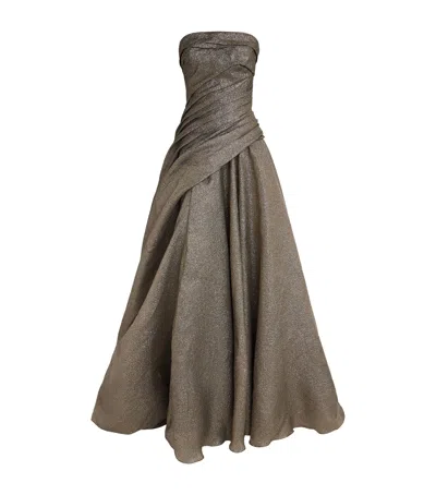 Marmar Halim Metallic Strapless Draped Gown In Green