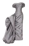 Marmar Halim Off-the-shoulder Draped Taffeta Gown In Gray