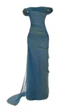Marmar Halim Off-the-shoulder Silk-chiffon Gown In Blue