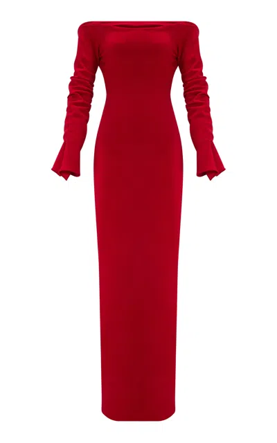 Marmar Halim Off-shoulder Draped Crepe Gown In Red