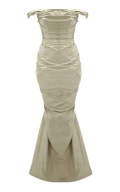 Marmar Halim Off-shoulder Draped Taffeta Gown In Neutral