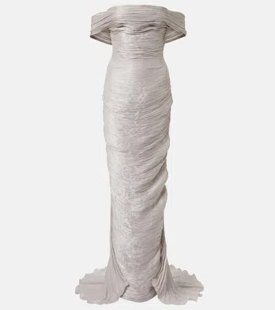 Marmar Halim Off-shoulder Pleated Bustier Gown In Silver