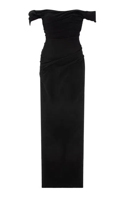Marmar Halim Off-the-shoulder Draped Crepe Maxi Dress In Black