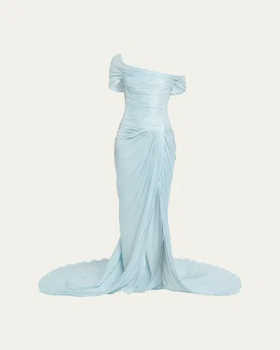 Marmar Halim Off-the-shoulder Pleated Satin Twisted Slit Gown In Blue