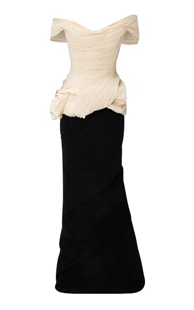 Marmar Halim Off-the-shoulder Pleated Taffeta Mermaid Dress In Black,white