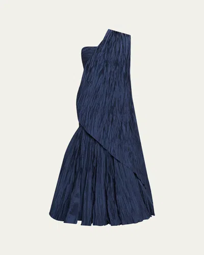 Marmar Halim One-shoulder Drape Pleated Satin Trumpet Gown In Blue