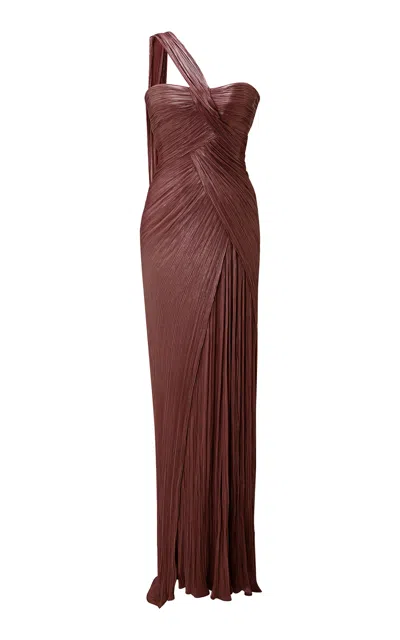 Marmar Halim One-shoulder Pleated Gown In Brown