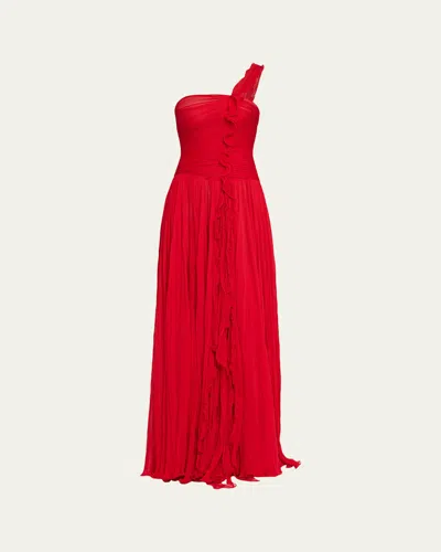 Marmar Halim One-shoulder Silk Georgette Ruffle Gown In Red