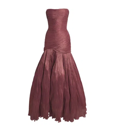 Marmar Halim Strapless Draped Taffeta Gown In Burgundy