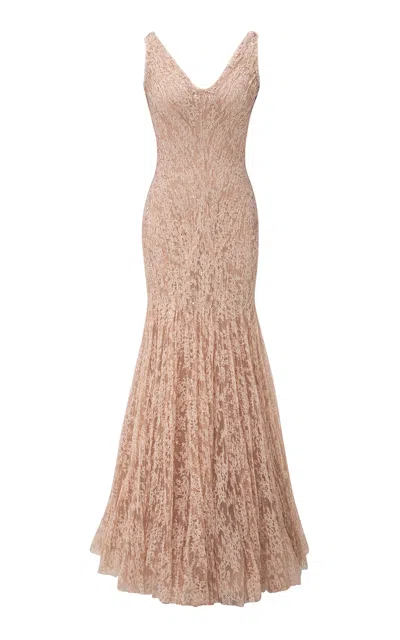 Marmar Halim Pleated Lace Mermaid Maxi Dress In Neutral