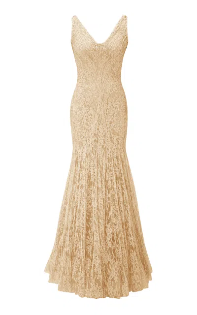 Marmar Halim Pleated Lace Mermaid Maxi Dress In Yellow