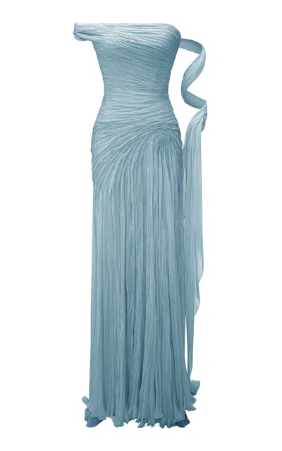 Marmar Halim Pleated One-shoulder Chiffon Maxi Dress In Light Blue