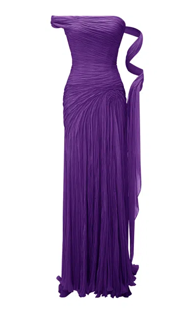Marmar Halim Pleated One-shoulder Chiffon Maxi Dress In Purple