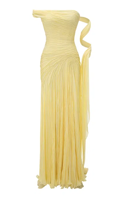 Marmar Halim Pleated One-shoulder Chiffon Maxi Dress In Yellow