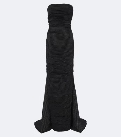 Marmar Halim Pleated Satin Bustier Gown In Black