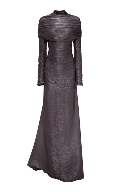 Marmar Halim Pleated Silk Cape Gown In Brown