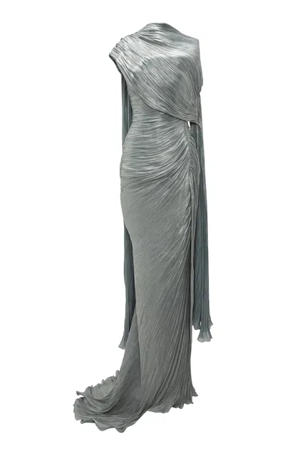 Marmar Halim Pleated Silk Cape Maxi Dress In Grey
