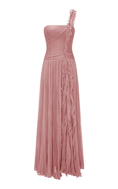 Marmar Halim Pleated Silk Evening Gown In Pink
