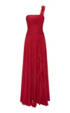 Marmar Halim Pleated Silk Evening Gown In Red