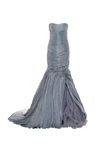 Marmar Halim Pleated Silk Satin Mermaid Gown In Grey
