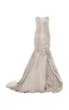 Marmar Halim Pleated Silk Satin Mermaid Gown In Tan