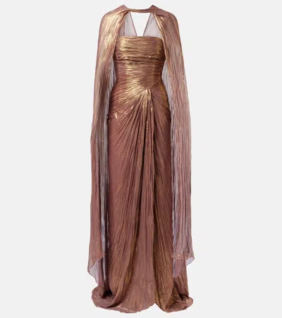 Marmar Halim Pleated Taffeta Bustier Gown And Cape Set In Gold