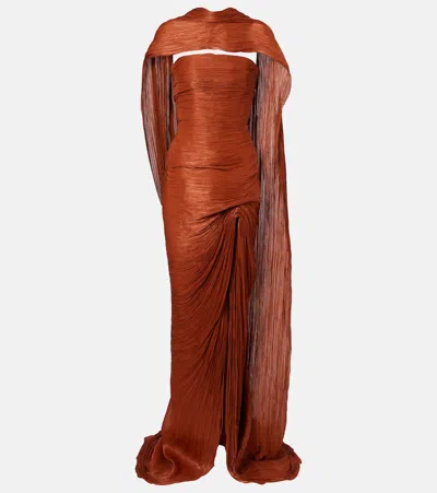 Marmar Halim Pleated Taffeta Bustier Gown And Scarf Set In Orange