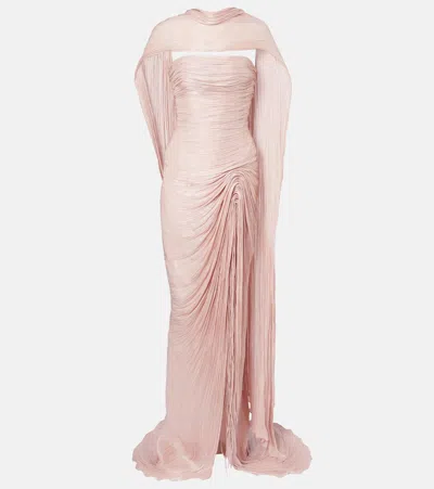 Marmar Halim Pleated Taffeta Bustier Gown And Scarf Set In Pink