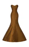 Marmar Halim Pleated Taffeta Fishtail Gown In Gold