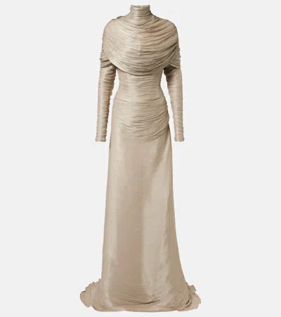 Marmar Halim Pleated Taffeta Turtleneck Gown In Neutral