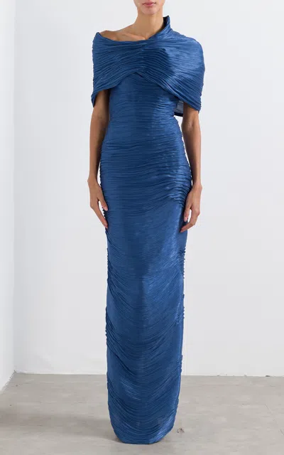 Marmar Halim Roseya Off-shoulder Pleated Cape Gown In Blue