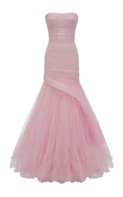 Marmar Halim Ruched Mermaid Evening Gown In Pink
