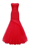 Marmar Halim Ruched Mermaid Evening Gown In Red