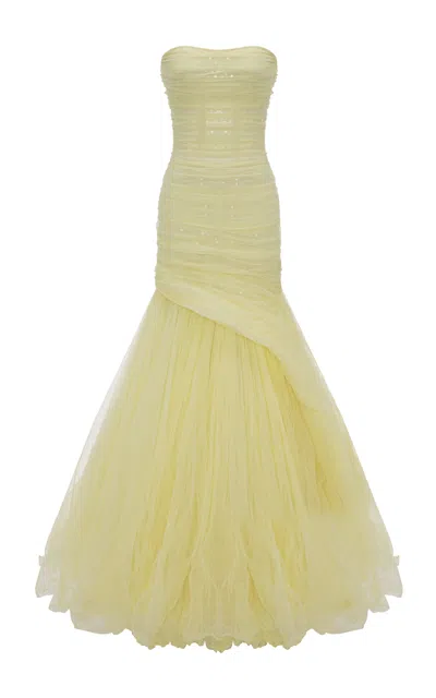 Marmar Halim Ruched Mermaid Evening Gown In Yellow