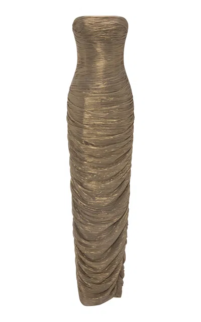 Marmar Halim Ruched One-shoulder Gown In Gold