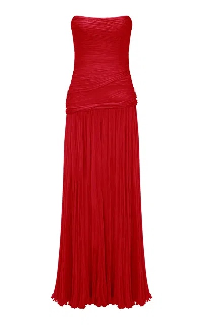 Marmar Halim Ruched Silk Chiffon Gown In Red