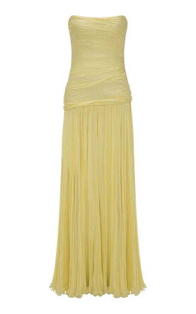 Marmar Halim Ruched Silk Chiffon Gown In Yellow