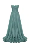 Marmar Halim Ruched Silk Evening Gown In Green