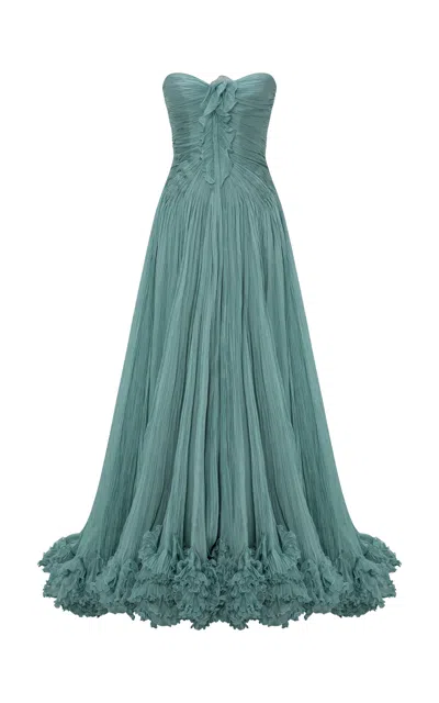 Marmar Halim Ruched Silk Evening Gown In Green