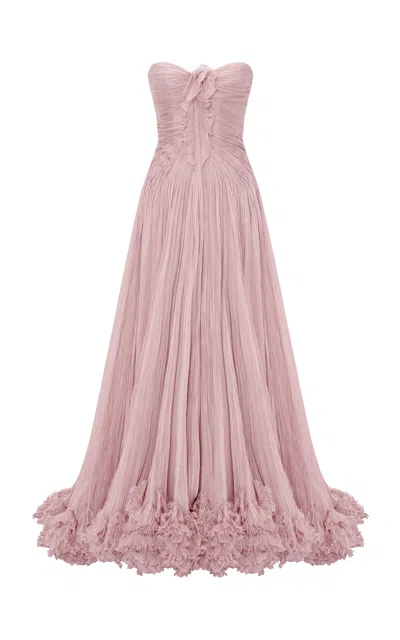 Marmar Halim Ruched Silk Evening Gown In Pink