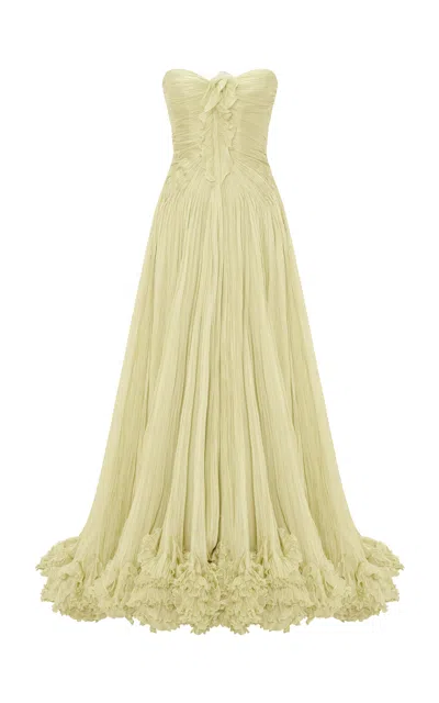 Marmar Halim Ruched Silk Evening Gown In Yellow
