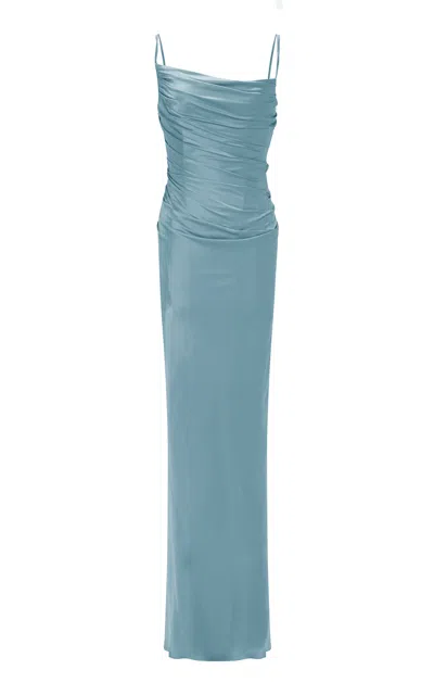 Marmar Halim Ruched Silk-satin Gown In Blue