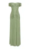 Marmar Halim Ruched Silk-satin Gown In Green
