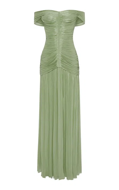 Marmar Halim Ruched Silk-satin Gown In Green