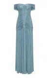 Marmar Halim Ruched Silk-satin Gown In Light Blue