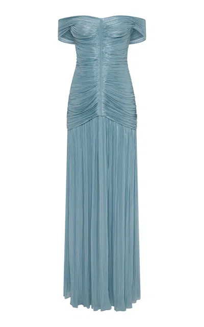 Marmar Halim Ruched Silk-satin Gown In Light Blue