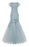 Marmar Halim Ruched Tulle Mermaid Gown In Blue