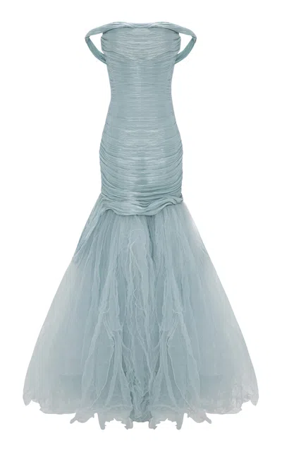 Marmar Halim Ruched Tulle Mermaid Gown In Blue