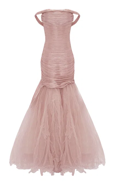 Marmar Halim Ruched Tulle Mermaid Gown In Pink